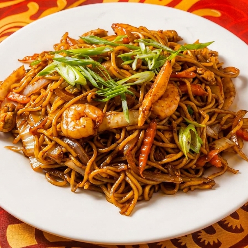 Stir-fried noodles with shrimp, chicken, vegetables, and sliced green onions on a white plate over a red patterned tablecloth.