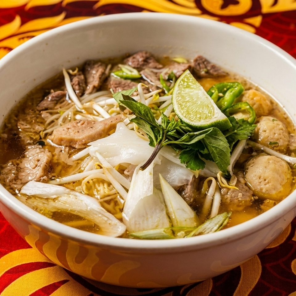Bowl of Vietnamese noodle soup with beef, meatballs, bean sprouts, herbs, jalapeños, and lime on a red patterned tablecloth.