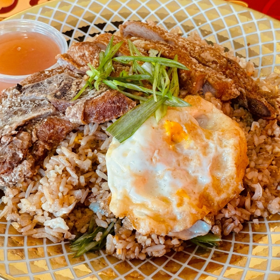 Crispy fried meat and egg over seasoned rice, garnished with scallions and served with dipping sauce on a patterned plate.