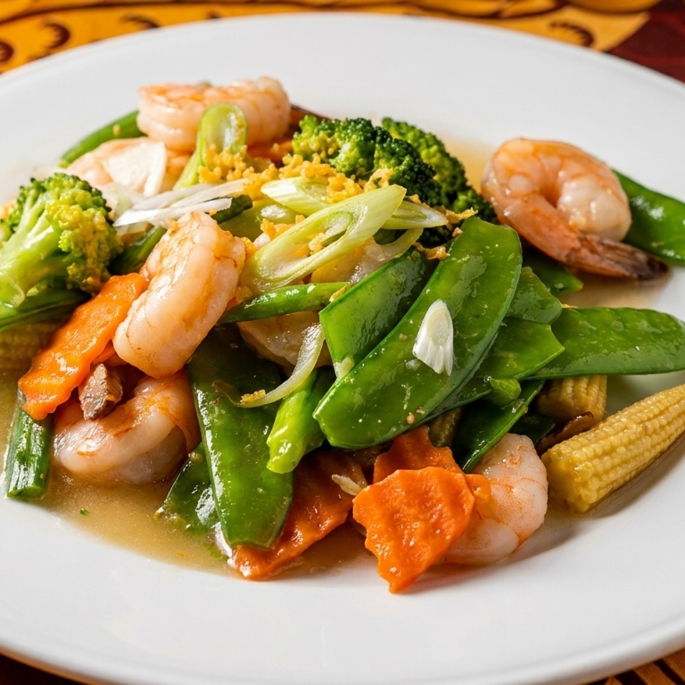 Shrimp stir-fry with snow peas, broccoli, carrots, baby corn, and scallions on a white plate.
